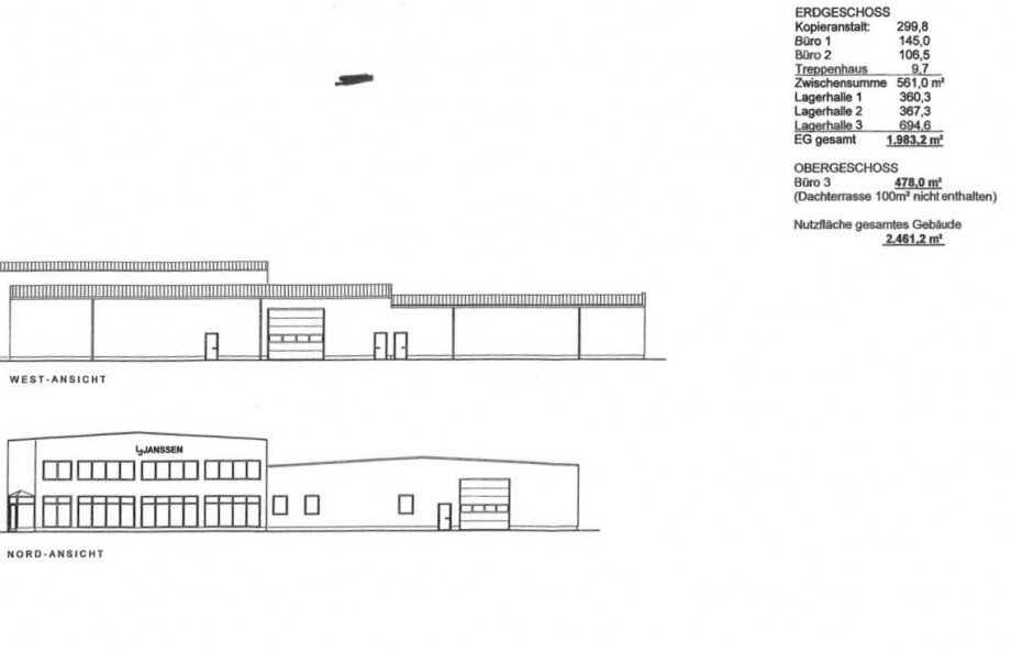 Ansichten & Fl�chenplan Halle / Lager / Produktion Kempen