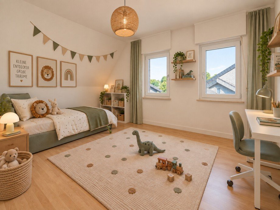 Visualisiertes Einrichtungskonzept: Das Kinderzimmer im DG Einfamilienhaus Korschenbroich / Neersbroich