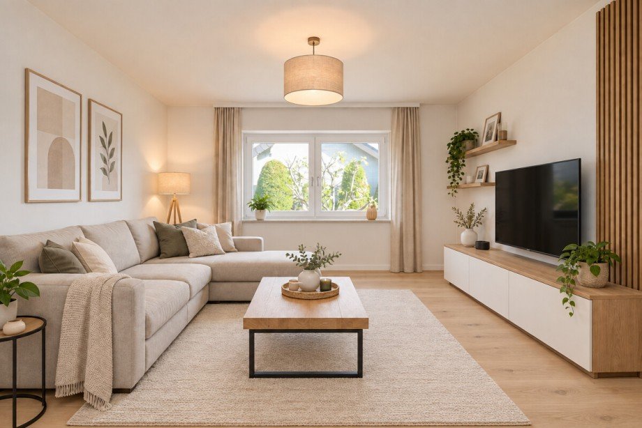 Visualisiertes Einrichtungskonzept: Das Wohnzimmer im EG Einfamilienhaus Korschenbroich / Neersbroich