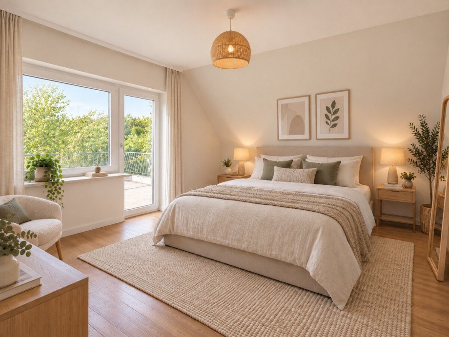 Visualisiertes Einrichtungskonzept: Das Schlafzimmer im DG Einfamilienhaus Korschenbroich / Neersbroich