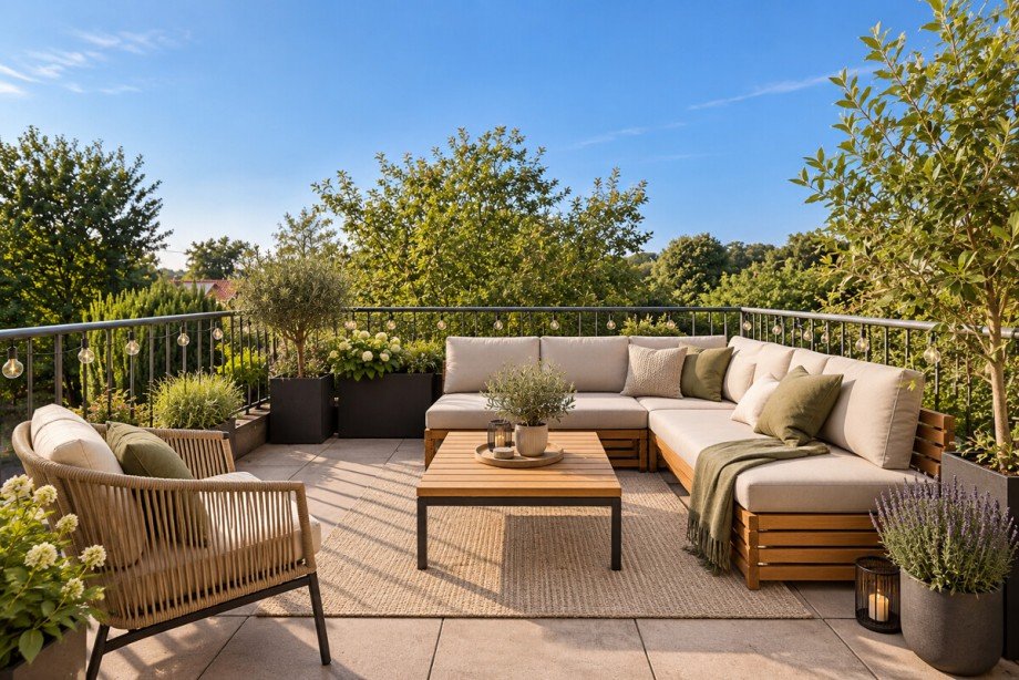 Visualisiertes Einrichtungskonzept: Die Dachterrasse Einfamilienhaus Korschenbroich / Neersbroich