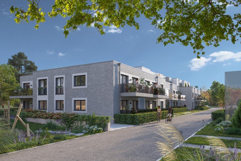 Die visualisierte Au�enansicht Korschenbroich / Kleinenbroich Erdgeschosswohnung ERSTBEZUG:Stilvolle 4-Zimmer-Erdgeschosswohnung mit Garten�anbindung sowie luxuri�ser Ausstattung in Kleinenbroich
